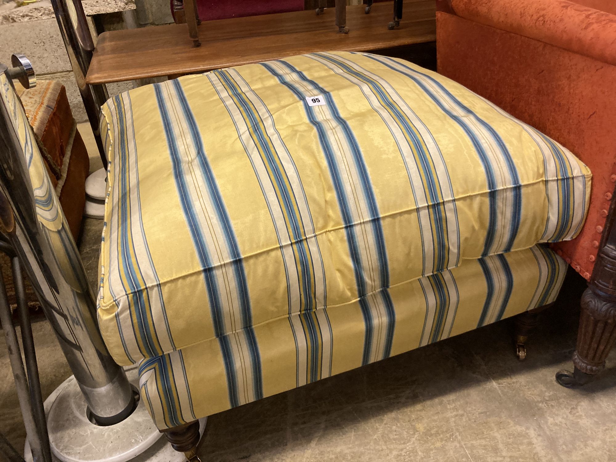 A modern Victorian style upholstered square footstool on turned feet, width 80cm, height 48cm